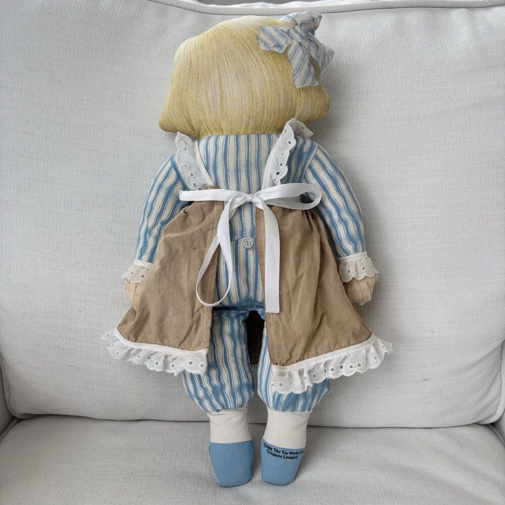 Vtg Cloth Plush Doll 1984 Toy Works Valerie Leonard Blue Stripes Pinafore Blonde - Picture 5 of 16